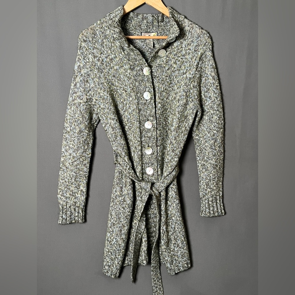 Caribbean Joe Women's M Green Wool Mohair Abalone Button Belted Cardigan